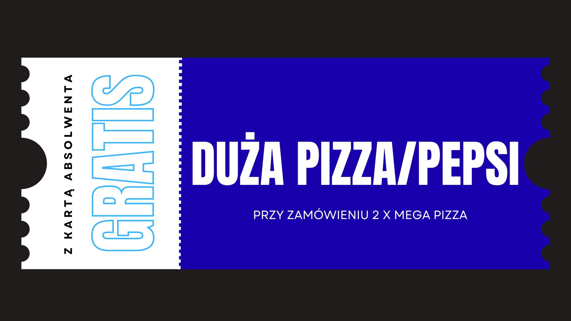 20% rabatu na każdą pizzę 42cm i 50cm (dotyczy zamówień w lokalu oraz na wynos włącznie z odbiorem osobistym; nie łączy się z innymi promocjami) ważne do 31.10.2025