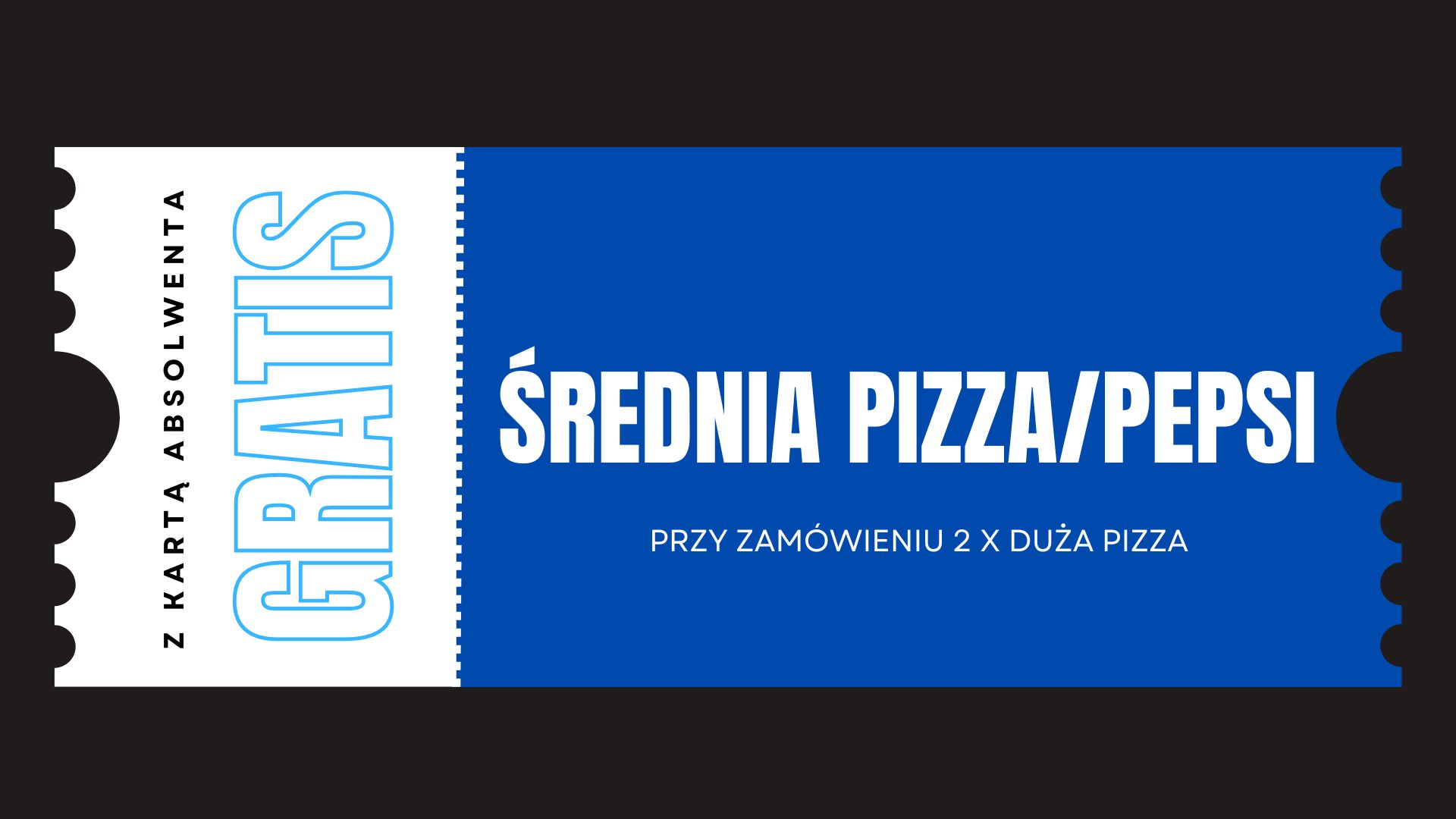 20% rabatu na każdą pizzę 42cm i 50cm (dotyczy zamówień w lokalu oraz na wynos włącznie z odbiorem osobistym; nie łączy się z innymi promocjami) ważne do 31.10.2025